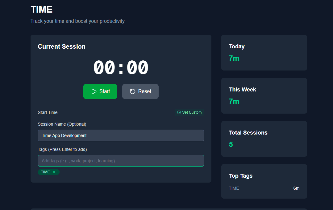 TIME Dashboard showing timer interface, session stats, and productivity metrics